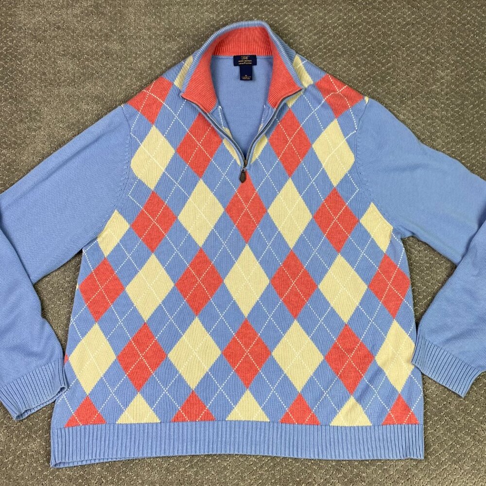 Brooks Brothers 346 1/4 Zip Argyle Sweater Men's XL Blue Coral Pink White supima